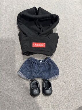 Labubu or XS Doll Supreme Black Hoodie with Shorts and Shoes